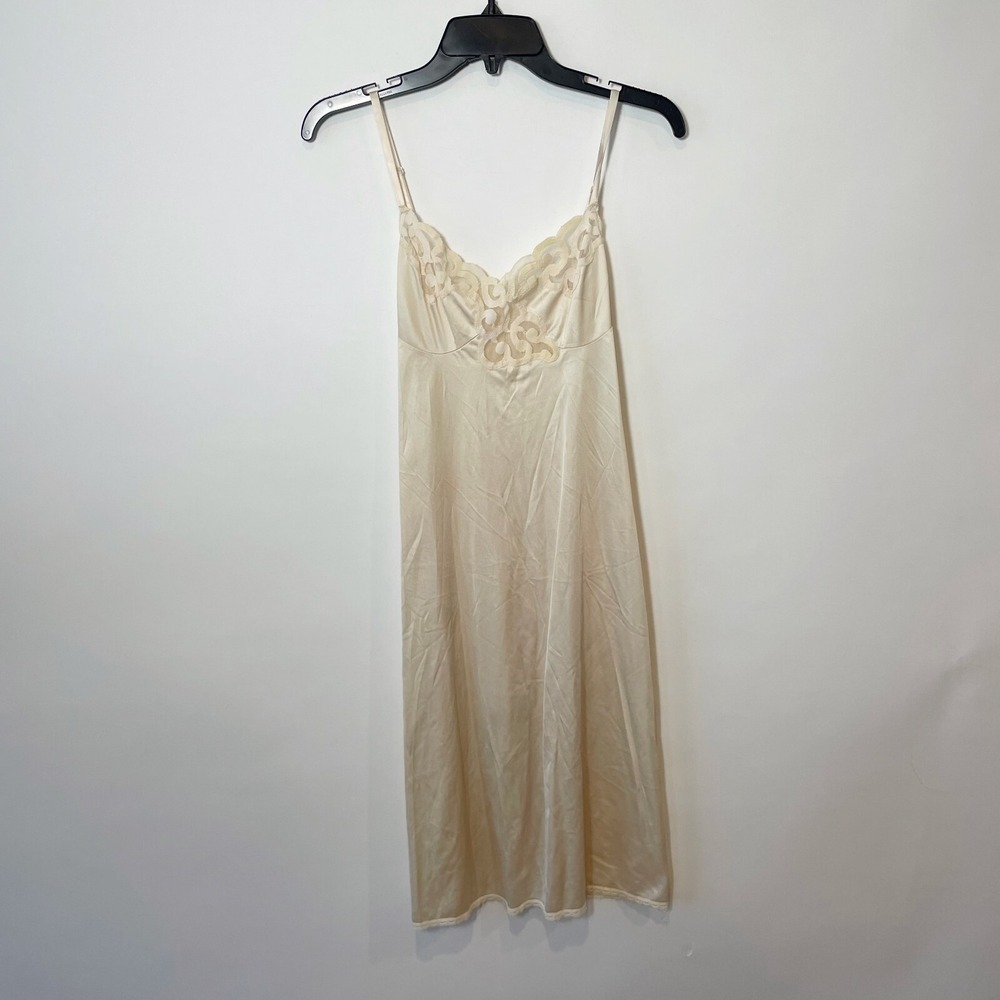 Vintage Cabernet Womens Satin Lace Trim Nightgown Dress Beige S‎ Adjustable USA